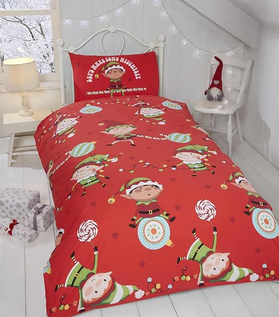 Rapport Home Naughty Elves Toddler Junior Duvet Cover Children's Christmas Bedding Set, Cotton, Red