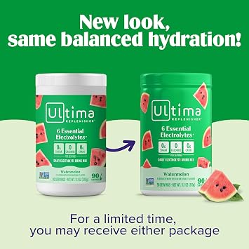 Ultima Replenisher Electrolyte Powder Drink Mix Bundle Sugar Free Watermelon, 90 Serving Canister and 20 Stickpacks 6 Electrolytes and Minerals Keto Friendly, Vegan, Non-GMO
