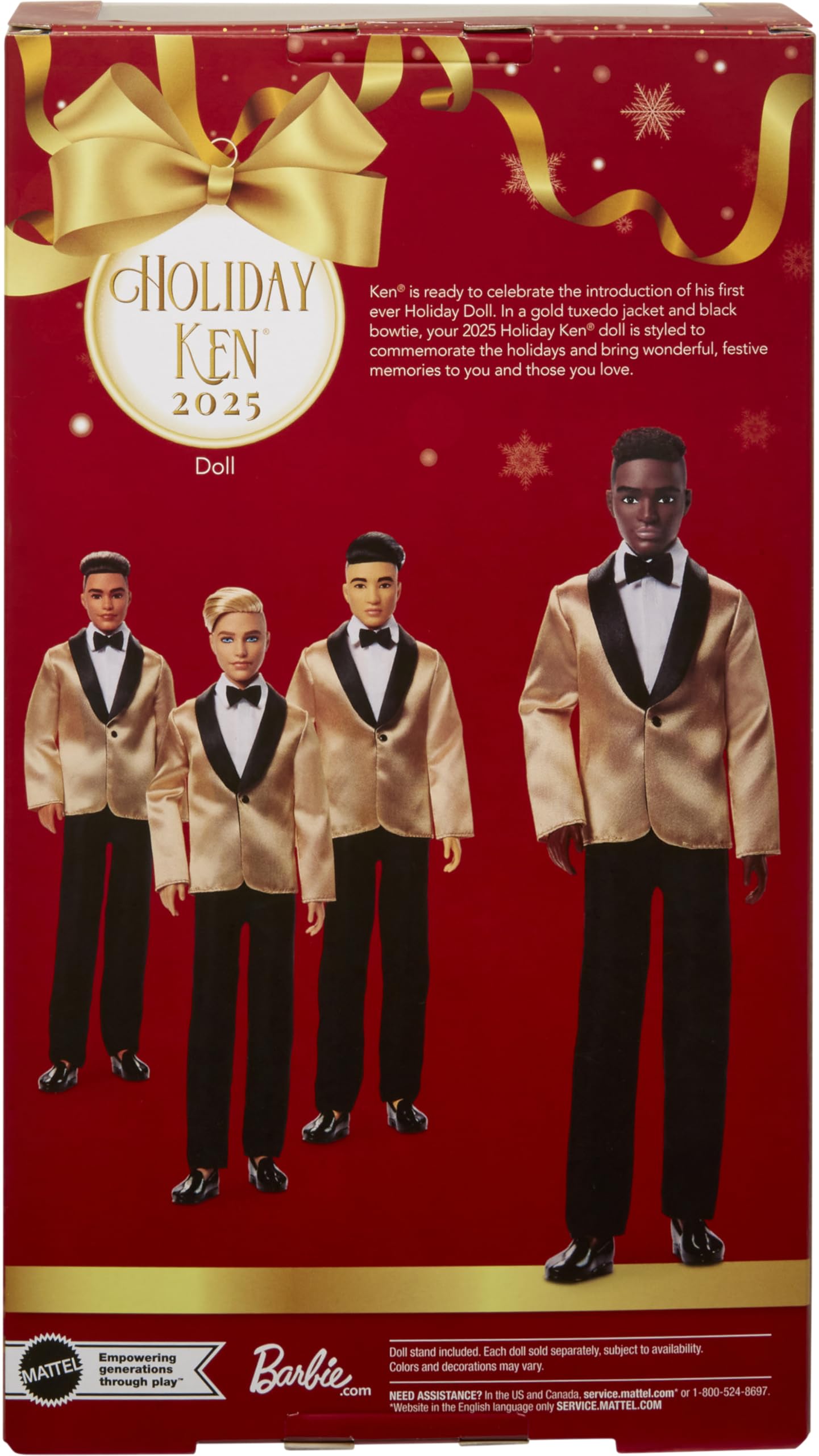 Barbie Signature 2025 Holiday Dark Brown Hair Ken Bambola da collezione alla moda indossa abito completo con giacca dorata in confezione visualizzabile e supporto per bambole