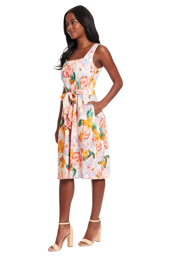London Times Women's Dresses Floral Summer Dress for Women | Cute Knee Length Dress, Wedding Guest Dresses for Women, Cream/Apricot, 8 by London Times - Used condition - Image 2