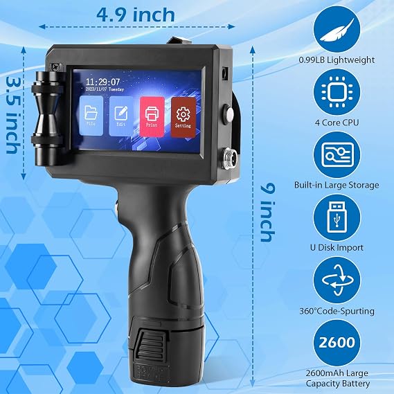 Handheld Inkjet Printer, MS-C10 Portable Handheld Printer Gun with Fast-Drying Solvent Cartridge for QRCode Barcode Production Date Time Logo Batch Number on Any Surface(0.5 Inch Nozzle)