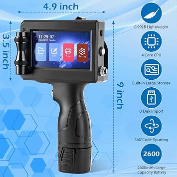 Handheld Inkjet Printer, MS-C10 Portable Handheld Printer Gun with Fast-Drying Solvent Cartridge for QRCode Barcode Production Date Time Logo Batch Number on Any Surface(0.5 Inch Nozzle)
