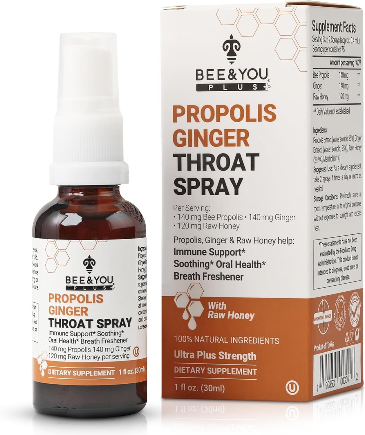 Bee and You Propolis Ginger Raw Honey Soothing Throat Spray, Ultra Pure, Immune Support Supplement, Oral Health, Antioxidants, Keto, Paleo, Gluten-Free, 30ml