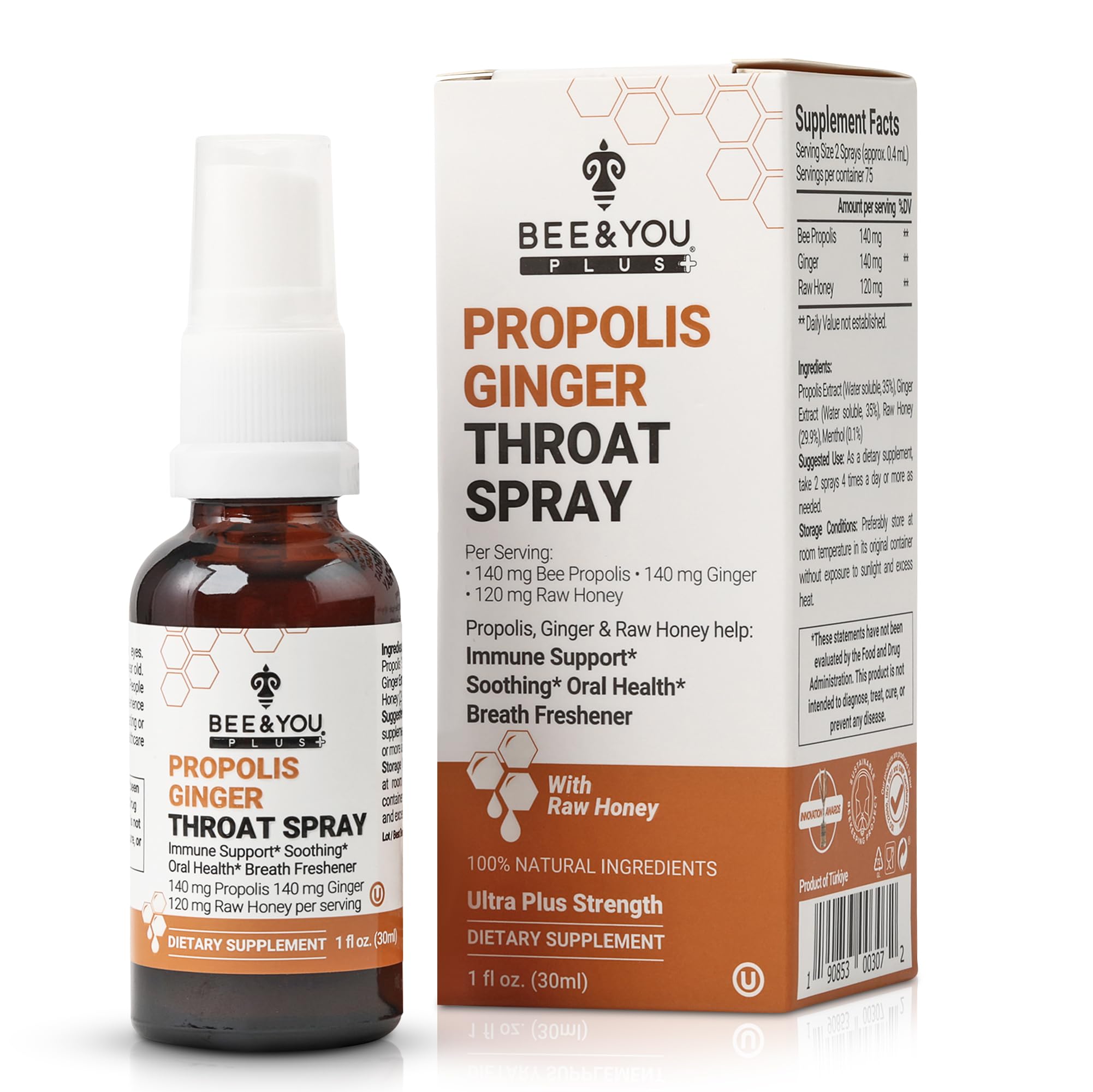 Bee and You Propolis Ginger Raw Honey Soothing Throat Spray, Ultra Pure, Immune Support Supplement, Oral Health, Antioxidants, Keto, Paleo, Gluten-Free, 30ml