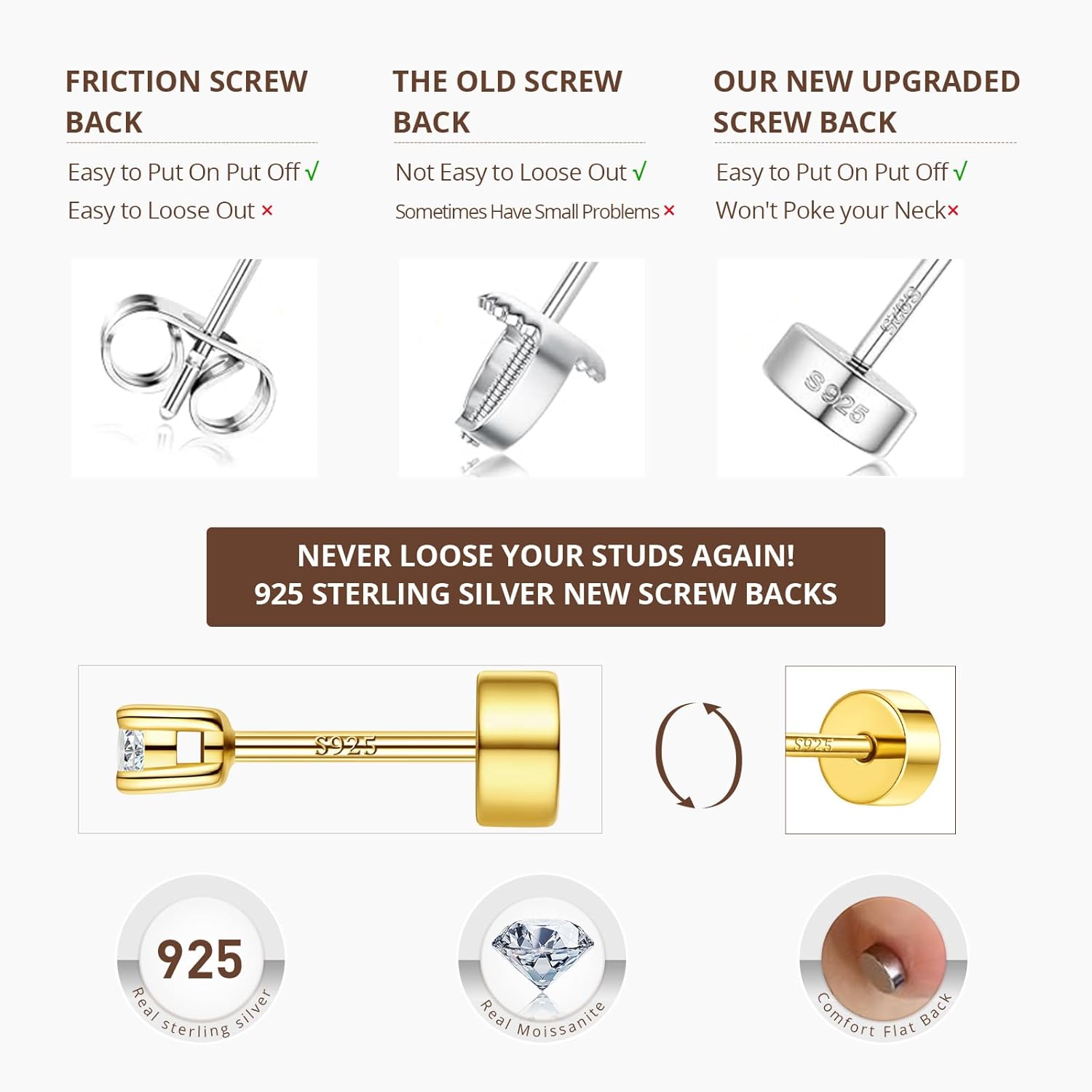 4 Pair Moissanite Stud Earrings Set Gold/Silver, S925 Sterling Silver Flat Back Earrings for Women Men Hypoallergenic 14K/White Gold Plated Helix Cartilage Piercing Jewelry Gift for Her - Image 7