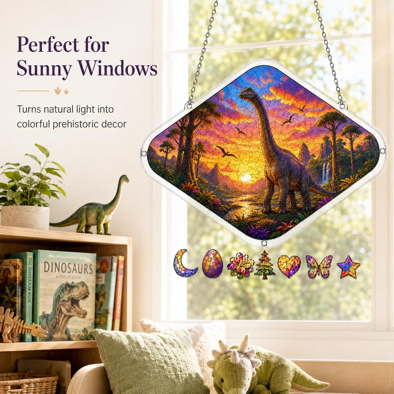 Jurassic Acrylic Puzzle Suncatcher, 80-90 Irregular Pieces Diamond Dinosaur Window Hanging Puzzle, Stained Glass Style Jigsaw for Adults Kids Dinosaur Lovers (Brachiosaurus)