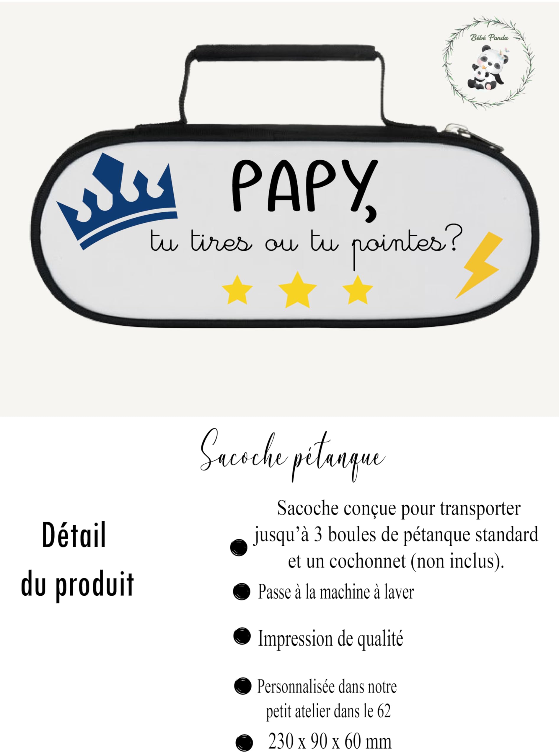 Sacoche pour 3 Boules de Pétanque avec Fermeture Éclair - Inscription "Papy, Tu Tires ou Tu Pointes ?" - Cadeau Papy Pétanque, Anniversaire, Noël