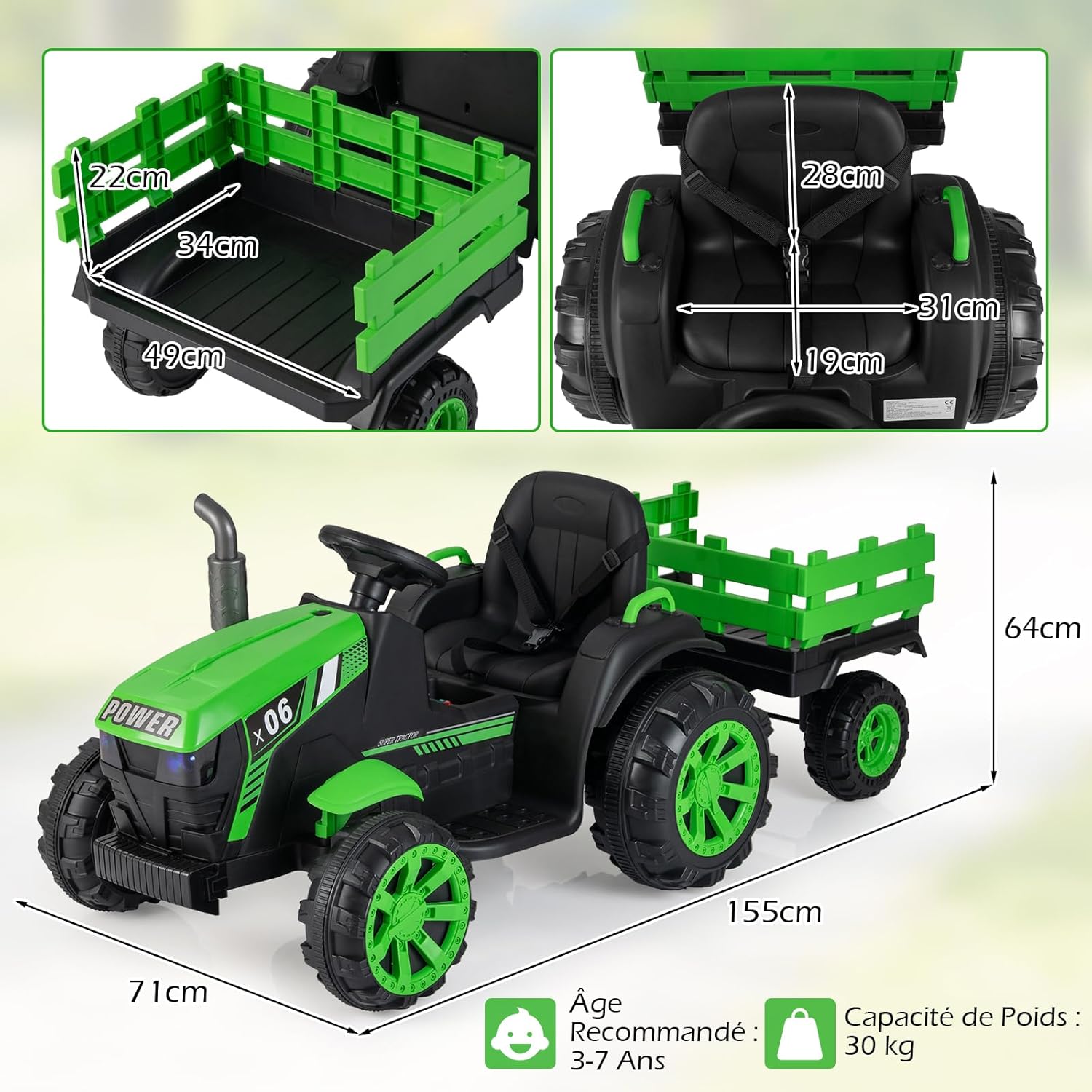 COSTWAY 24V Children's Electric Tractor with Removable Trailer, Children's Electric Car with Remote Control & LED Headlights, Music, 3-6 km/h, Progressive Start, Load 30 kg for 3-7 Years