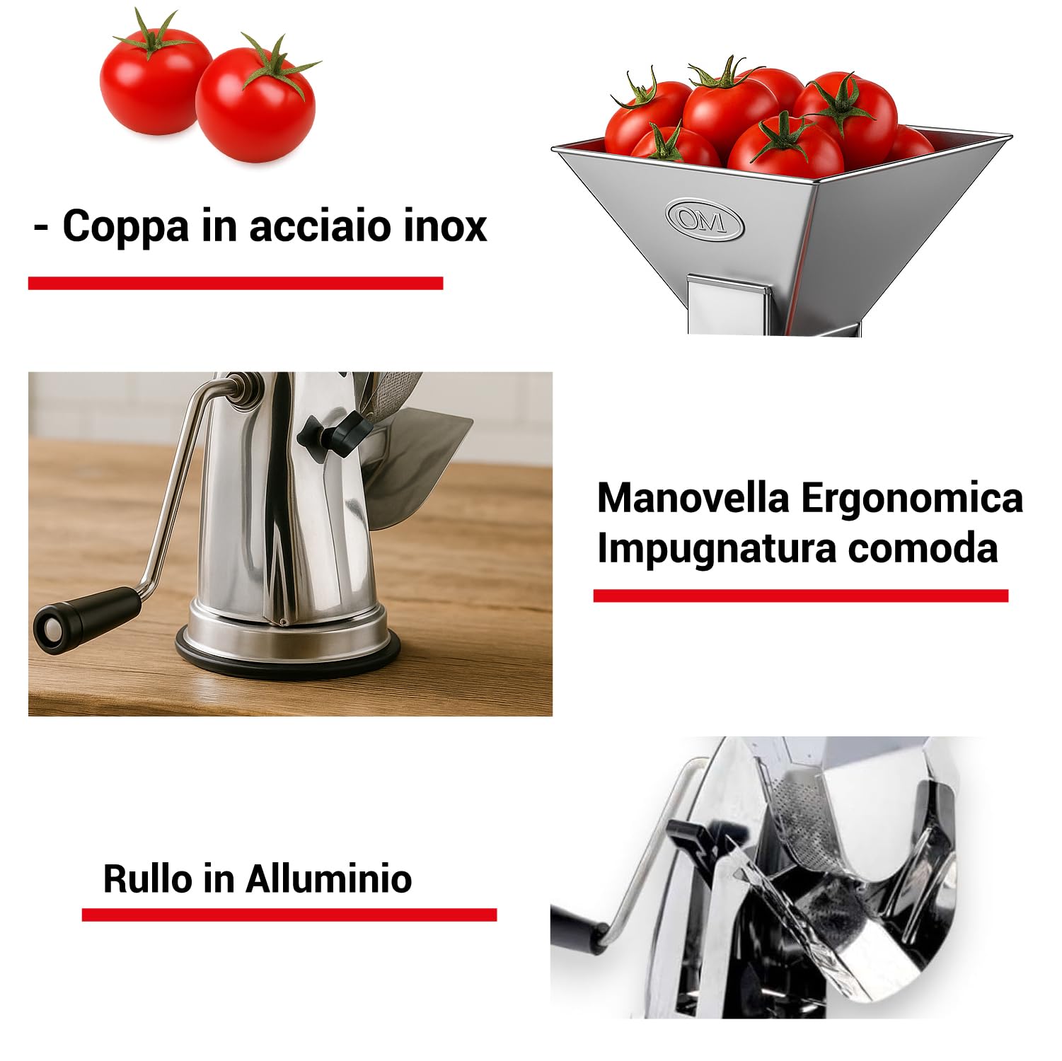 Crisalide® - Passapomodoro Manuale in Acciaio Inox 18/C con Ventosa Antiscivolo, Rullo in Alluminio, Retina in Acciaio Inox 18/10 e Leva in Nylon