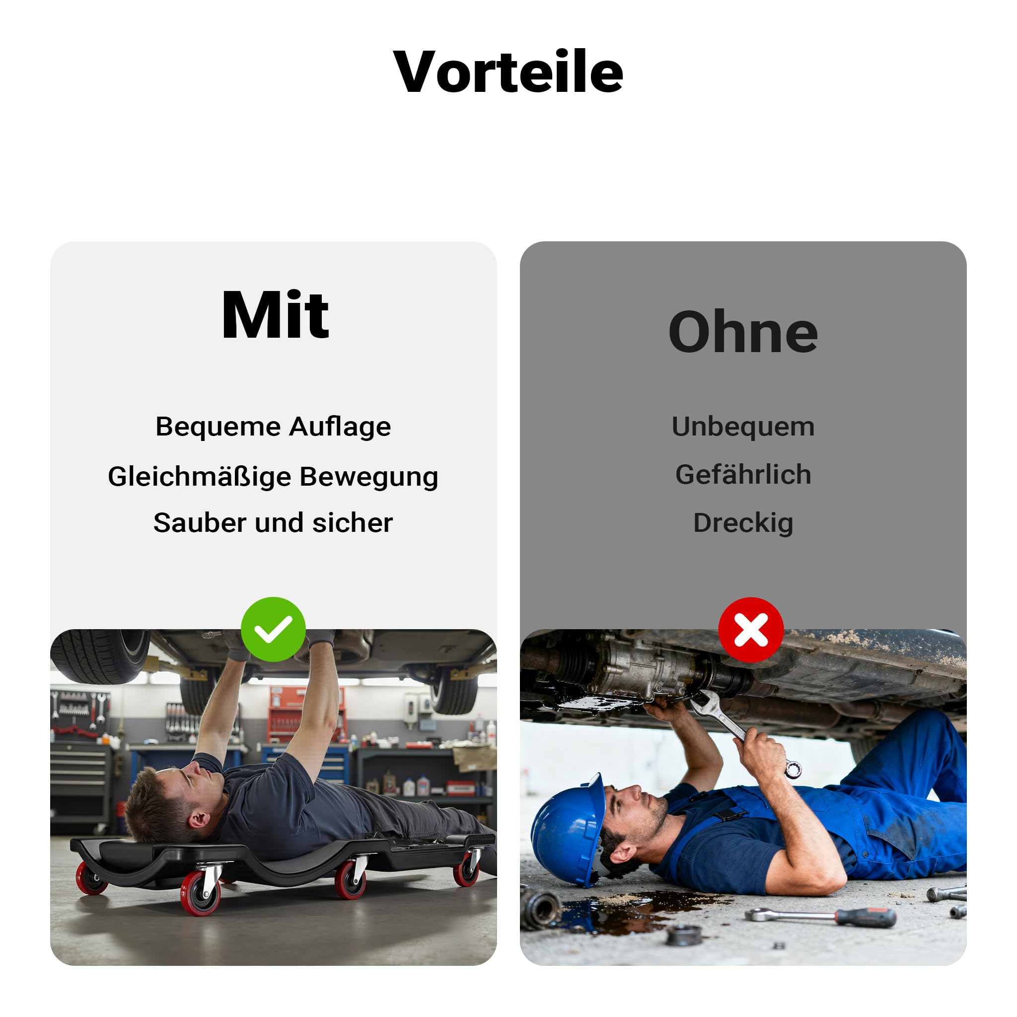 Wiltec Kfz Montageliege 90x40x9cm bis 90 kg aus Kunststoff, Rollbrett mit Abnehmbarer Kopfstütze & Werkzeugfächern, Rollliege, Werkstattliege