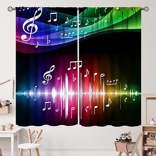 Miniatura 45 de Cortinas de notas musicales, rústicas, mágicas, notas musicales, arte retro, piano y violín, cortina con bolsillo para barra para dormitorio, sala