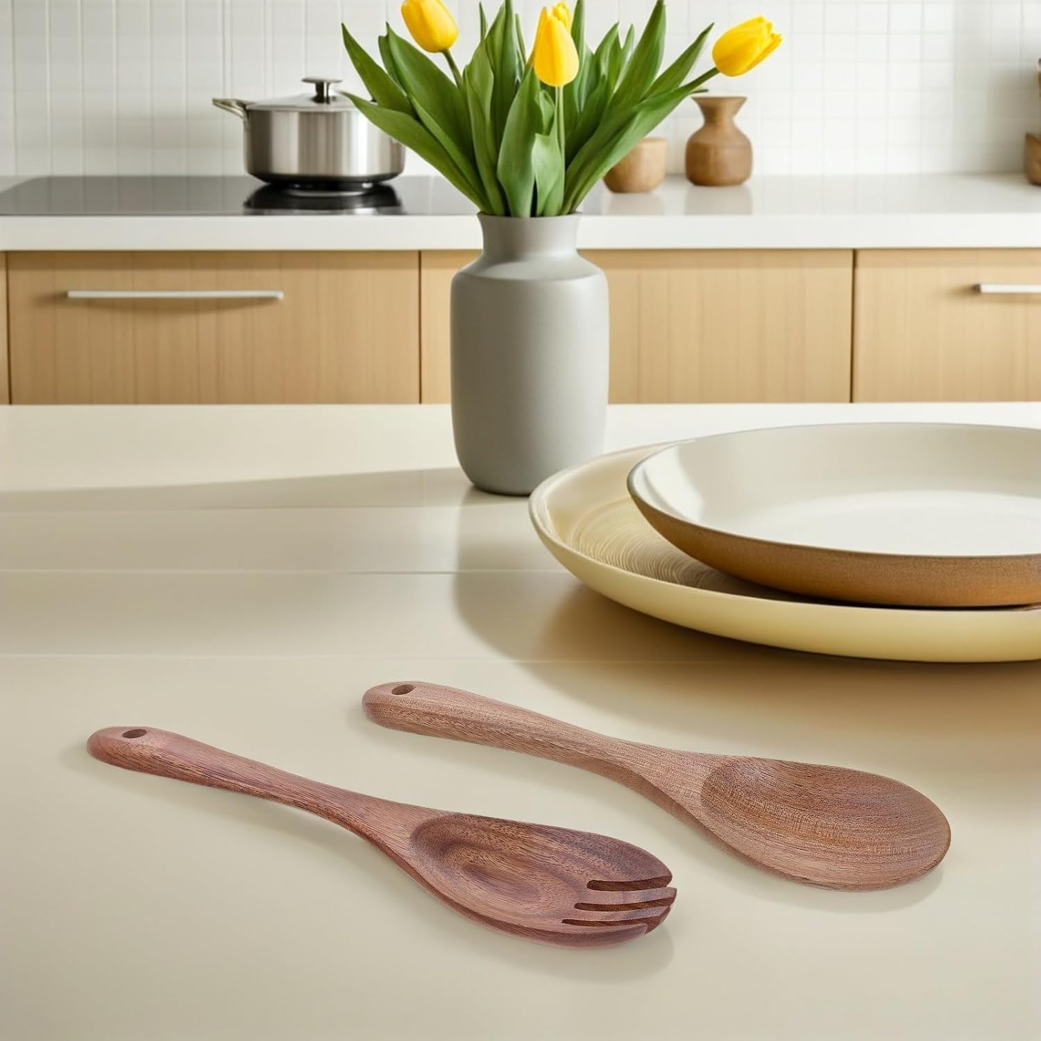 Wood Salad Servers Spoon Set with Long Handle for Mixing