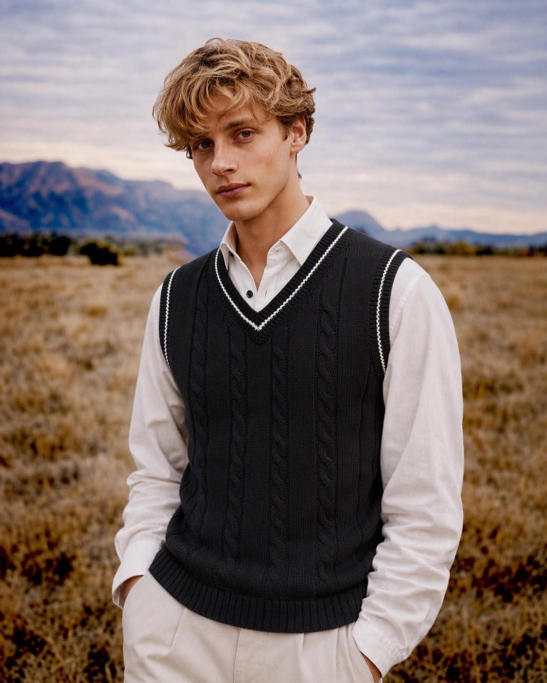 COOFANDY Mens Sweater Vest V Neck Casual Sleeveless Cable Knit Pullover