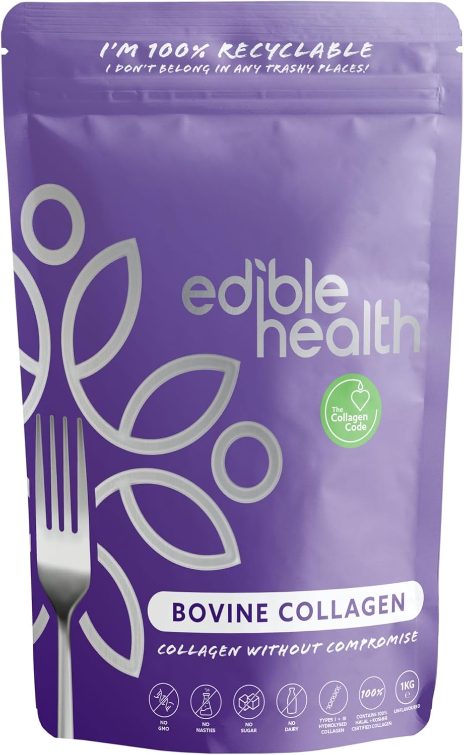 Edible Health Premium Collagen Powder Types 1 & 3, Protein Peptides, 18 Amino Acids, 1 kg, Hydrolysed Bovine Collagen, Paleo, Keto, Kosher, Halal