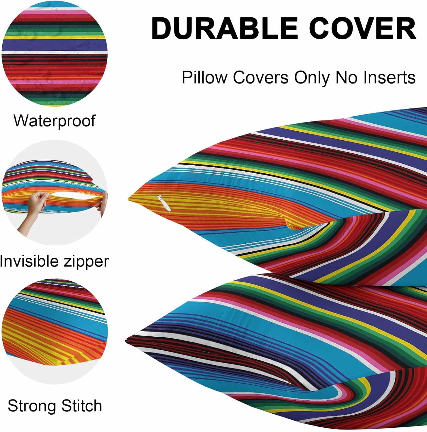 Outdoor Pillow Covers Waterproof, Blue Yellow Stripes All Weather Cushion Case Set of 2, Colorful Mexican Decorative Pillowcases for Sofa Couch Bed Decor Patio Furniture 26"x26"