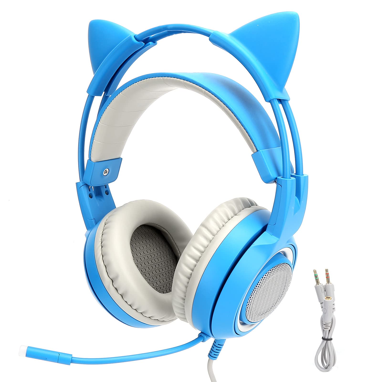 Lazmin112 Cuffie da Gioco con Orecchie di Gatto da 3,5 Mm per PC, Riduzione del Rumore Comfort Cuffie Stereo Professionali Universali con Microfono (Blu)