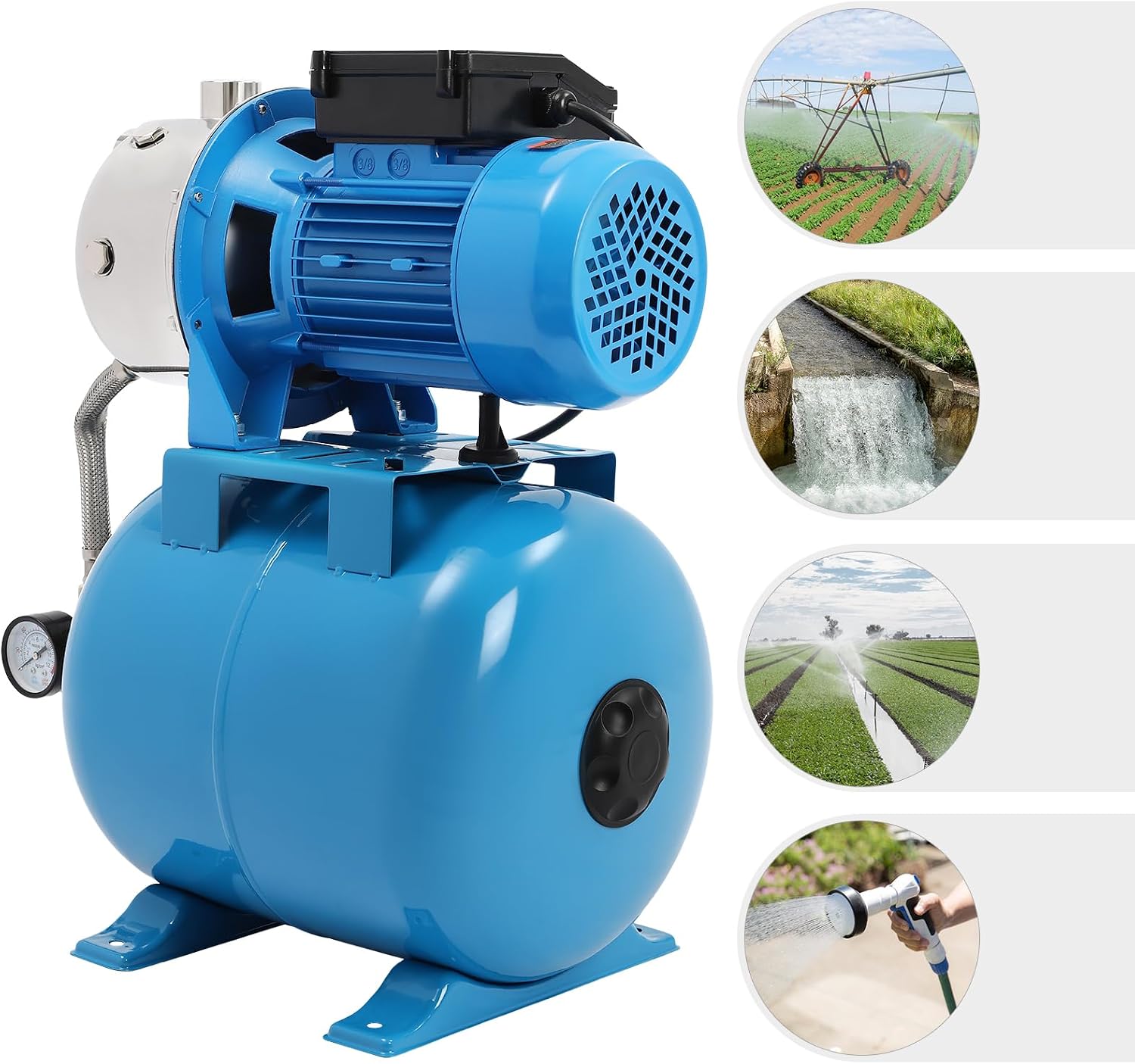 1HP Shallow Well Pump with Pressure Tank, 3420 r/min Irrigation Jet Pump with 6.34-Gal Pressure Tank Automatic Booster System for Home, Farm, Pool, Maximum Head 147.64ft, 110V Blue