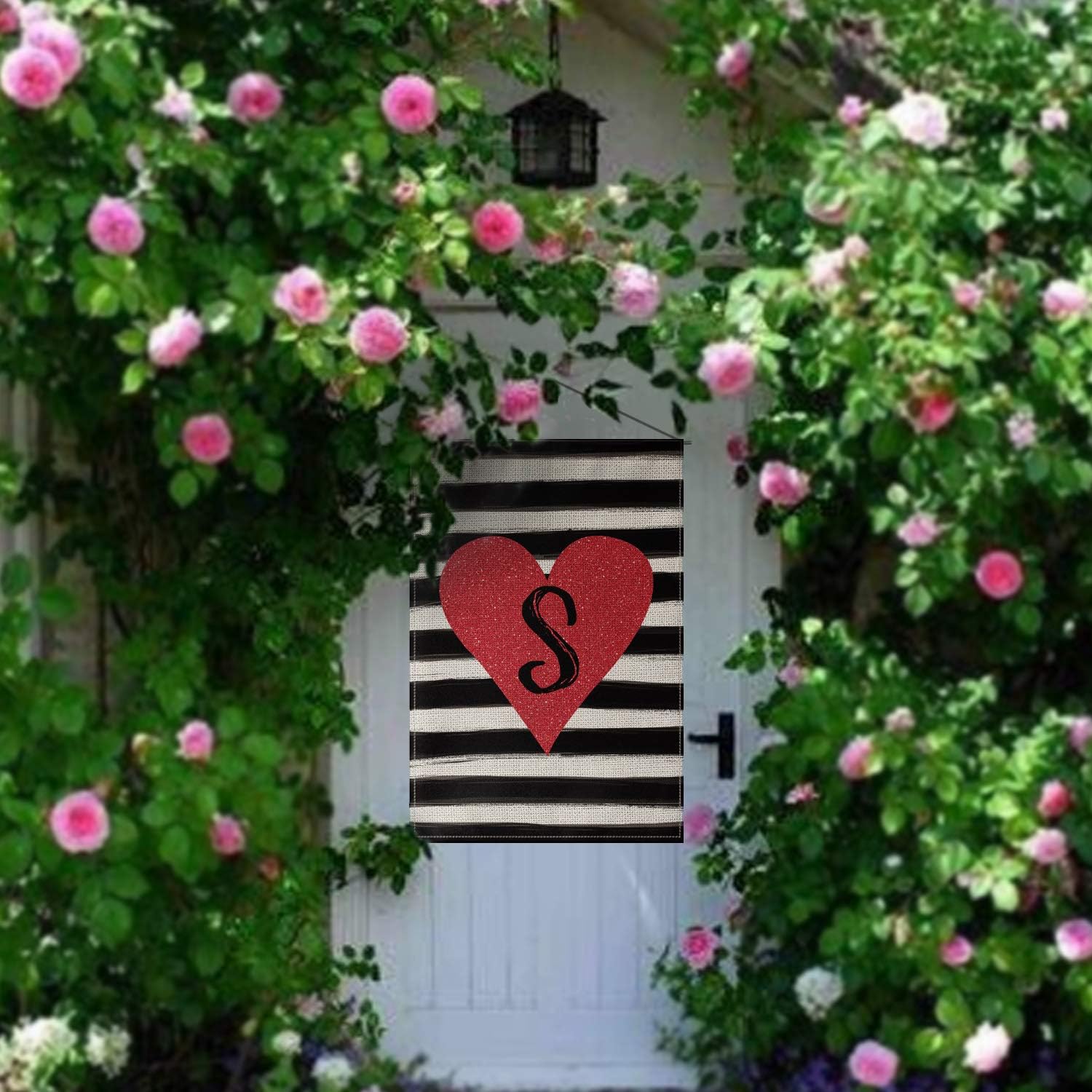 Smile Personalized Valentine's Day House Flag, Love Hearts Customized Initial Family Name Stripe, Double Sided 28 x 40 Inch Rustic Farmhouse Burlap Yard Outdoor Decoration