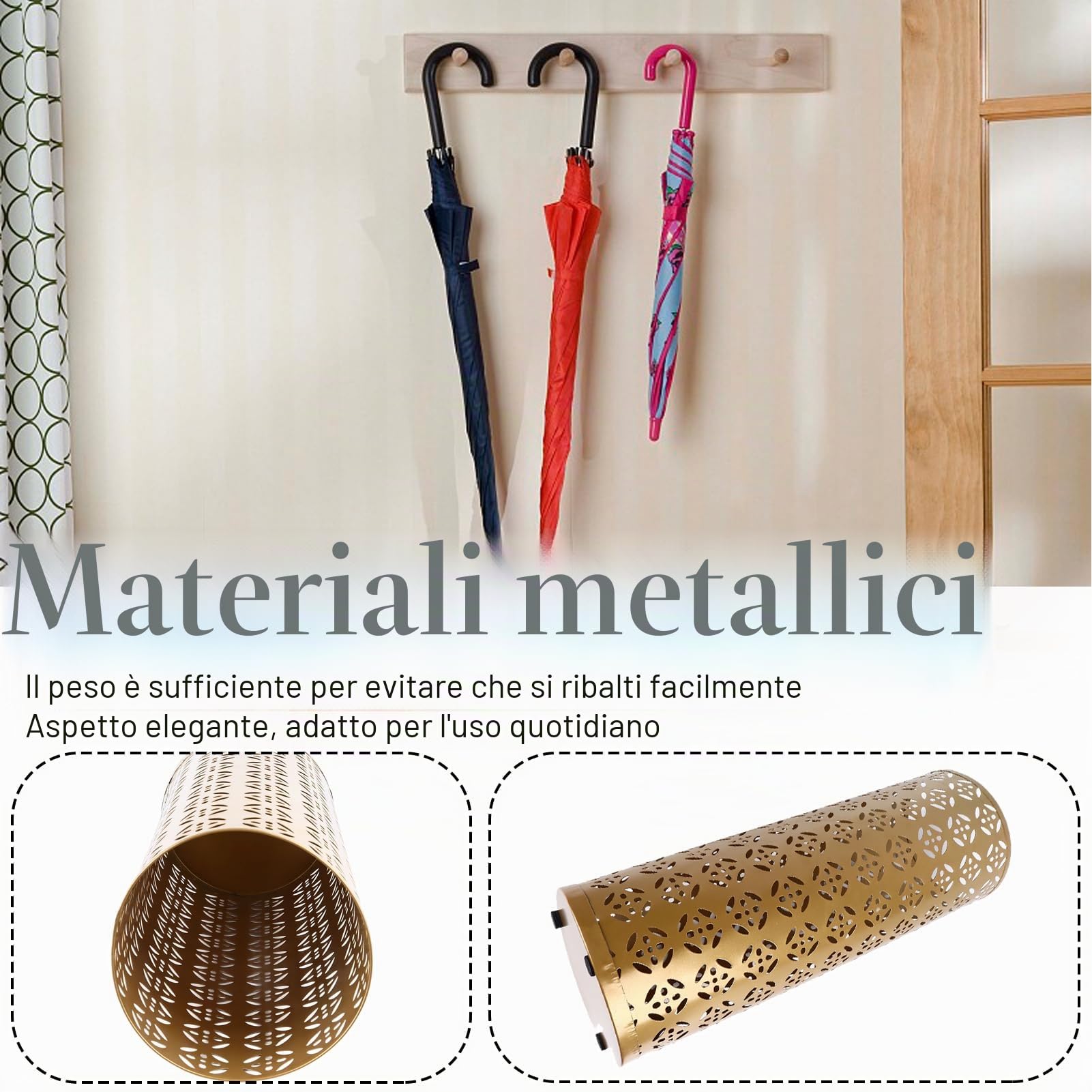 Portaombrelli da interno in metallo, 42x15x15 cm Struttura in rame perforato Portaombrelli in ferro elegante e funzionale per la casa e l'ufficio Mantiene i pavimenti asciutti e in ordine