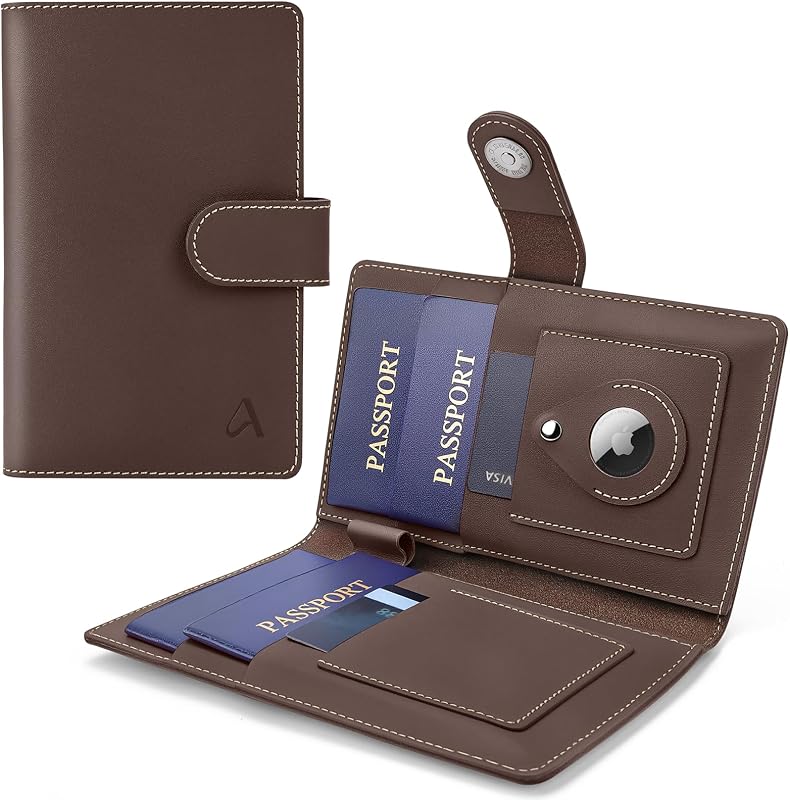 Family Passport Holder, Rfid Blocking Passport Wallet with AirTag Slot, Genuine Leather Travel Document Organizer for Women & Men, Airport Essentials, Travel Gift (Coffee Brown)