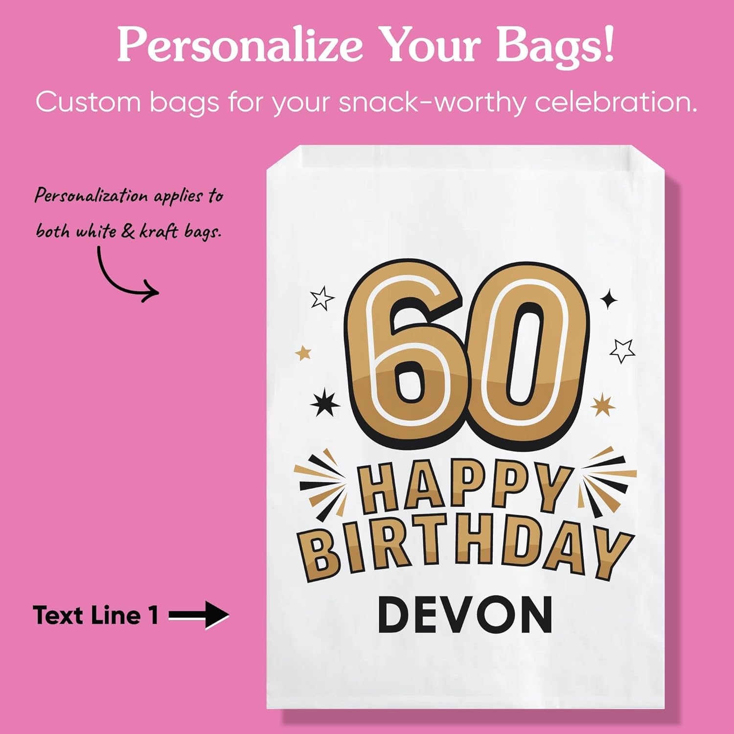 Big Dot of Happiness Personalized Adult 60th Birthday Paper Treat Bags, Custom Birthday Party Candy Snack Favors, Greaseproof Kraft Brown Sandwich Cookie Bags - 25 Count