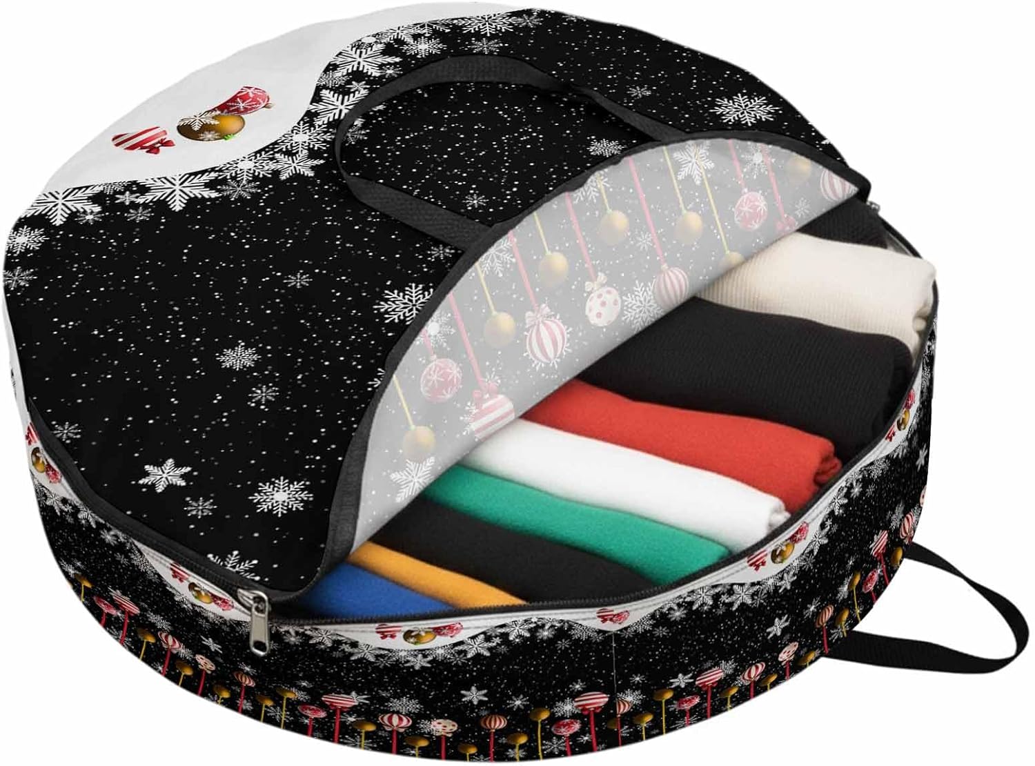 Christmas Snowflakes Round Storage Bag 36 Inch, Xmas Balls Winter Black Background Clothes Storage Container with Handles Heavy Duty Organizer for Comforter, Bedding & Holiday Wreaths