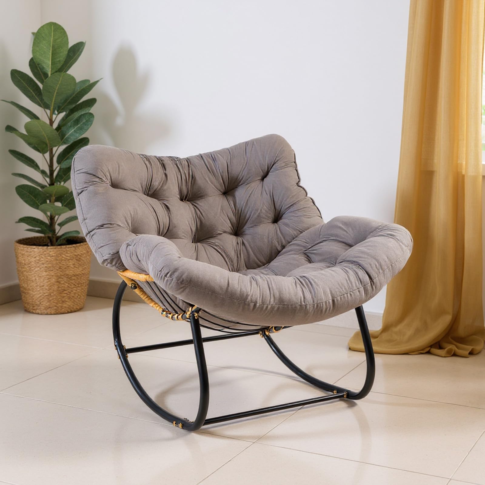 Übergroßer Schaukelstuhl mit Extra Dickem Sitzkissen – Breiter Schaukelsessel mit Ergonomischer Wippfunktion, Bequemer Loungesessel für Innen & Außen, Wohnzimmer, Terrasse (Dunkel Grau)