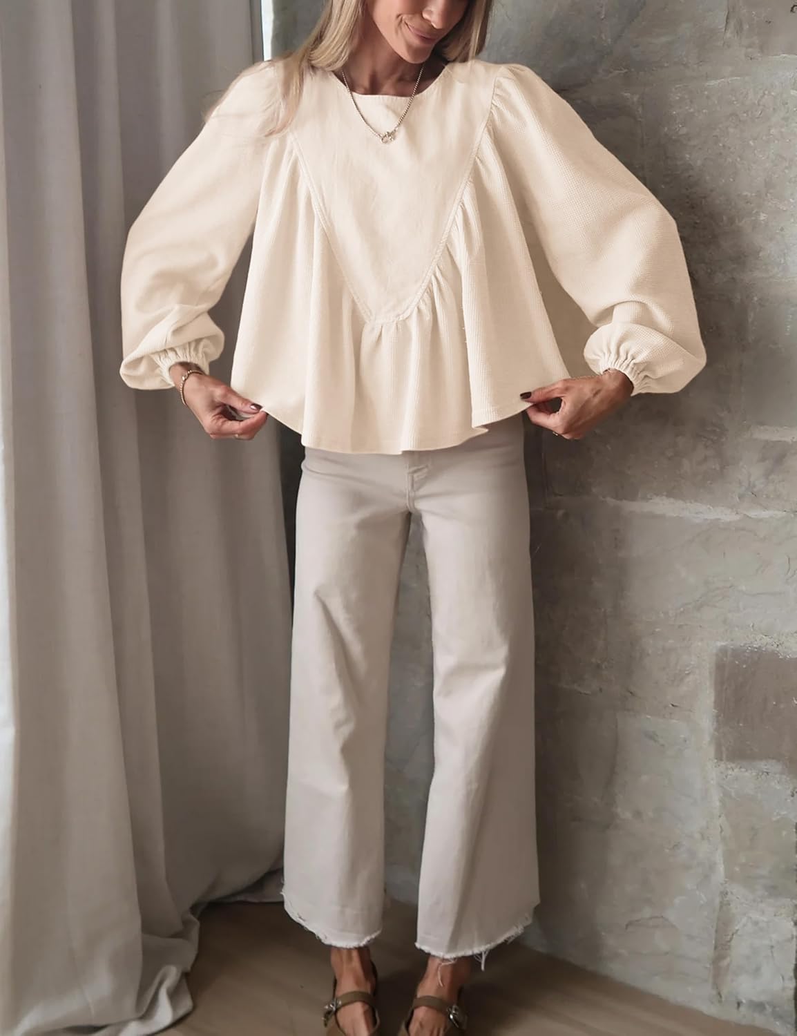 Women's Peplum Babydoll Top Waffle Knit Shirt with Back Button Lantern Sleeves for Casual Outfits - Image 2