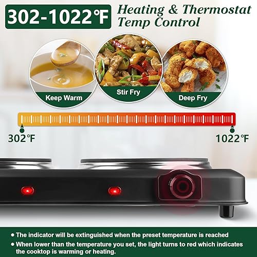 Miniatura 3 de Encimera eléctrica doble quemador, 1800 W con placa caliente de vidrio, control de temperatura continuo, fácil de limpiar, luces indicadoras, estufa