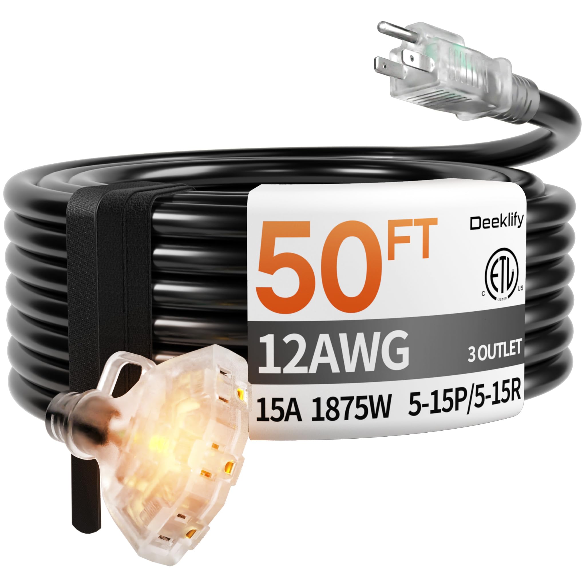 50 ft 12 Gauge Heavy Duty 3 Outlet Extension Cord Splitter with Indicator, Waterproof Outdoor Extension Cord with Multiple Outlets, 15A 1875W for Home & Workshop, ETL Listed, Black SJTW