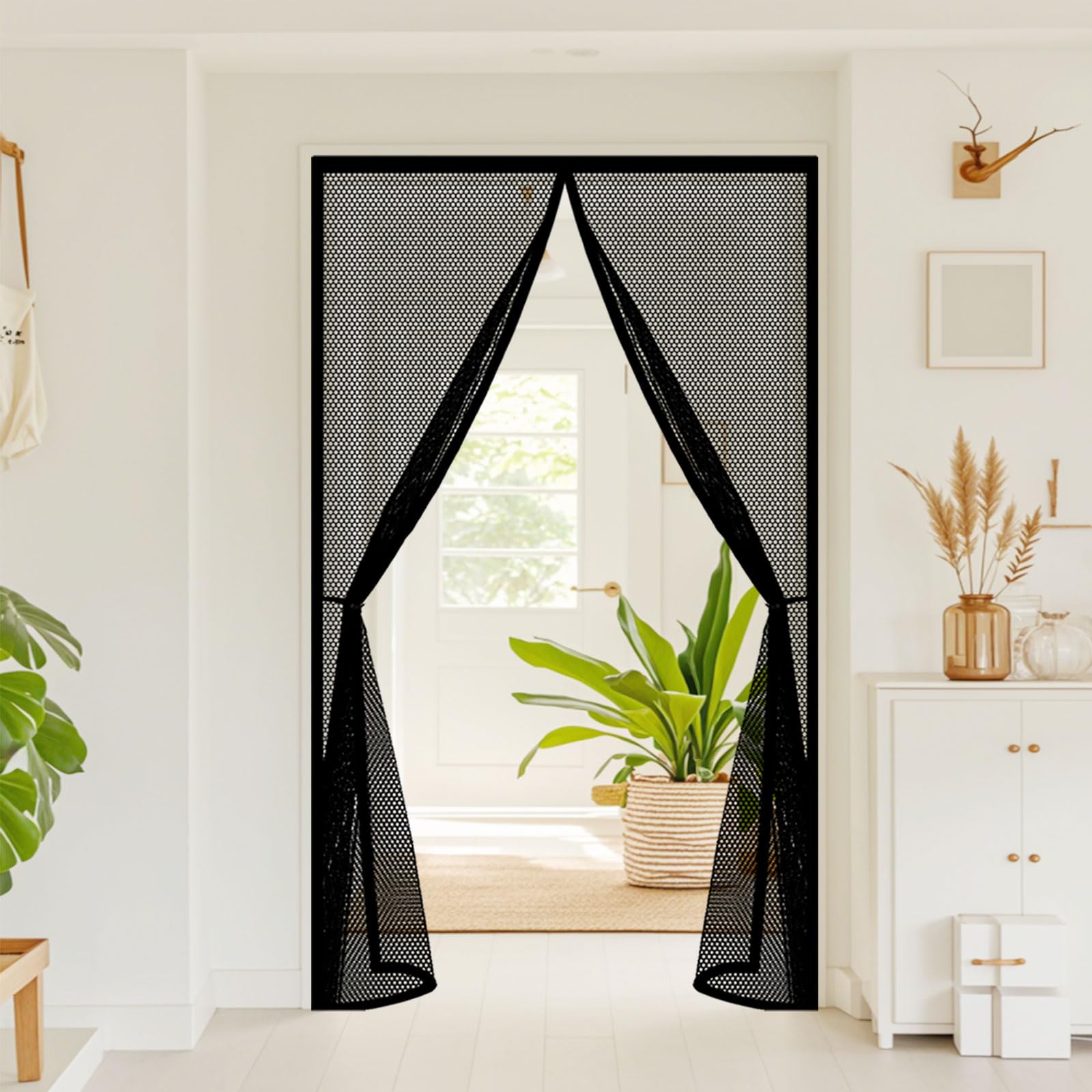 Fly Screens for Doors 134 x 280 cm Powerful Magnets and Full Frame Magic Tape Mesh Door Screen Hands Free No Drill Installation for Patio Bedroom Sliding Kitchen, Black