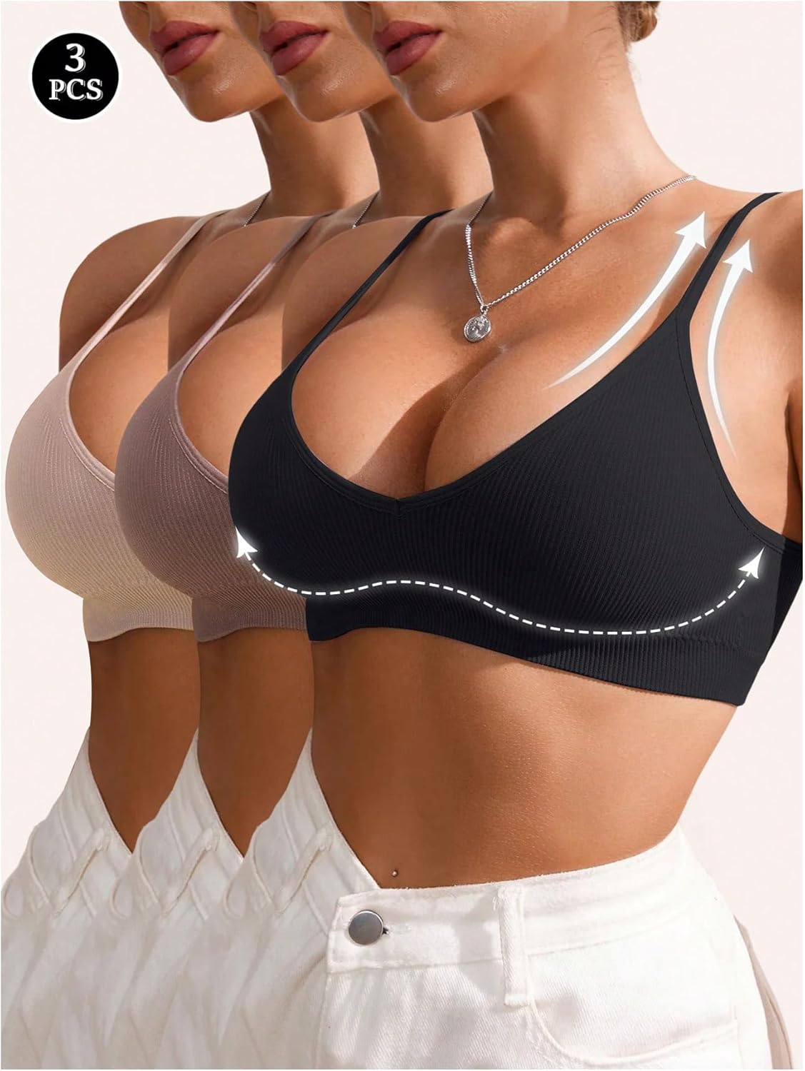OYOANGLE Women's 3 Pack Ribbed Knit Sports Bras Padded Fitness Bralette Seamless Wireless Push Up Workout Crop Cami Tank