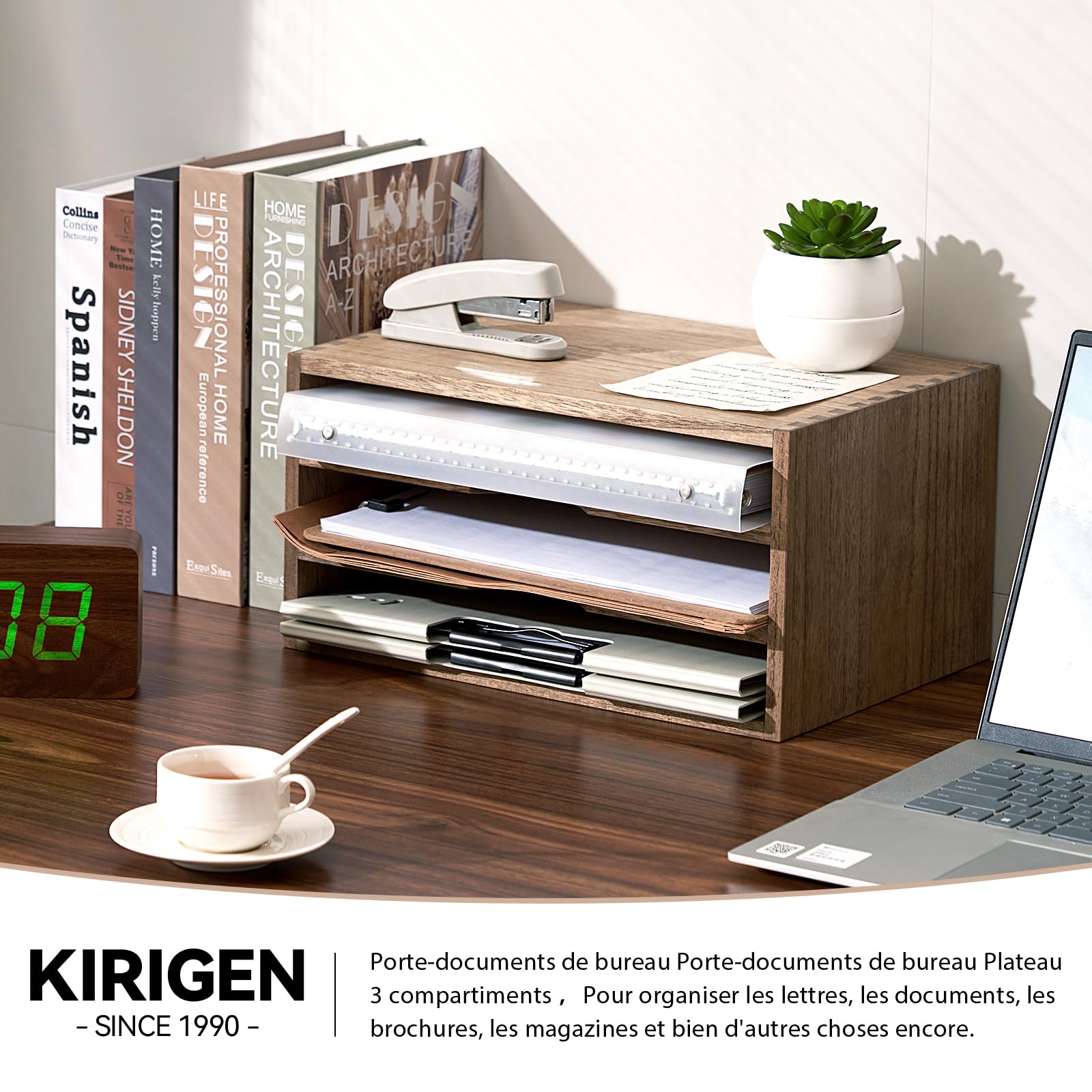 KIRIGEN Organisateur de Bureau en Bois - Armoire de Rangement Jaune-Brun pour Papier, Courrier et Magazines