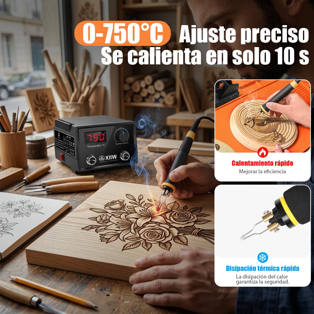 XIIW Kit de Pirograbador de Madera Con Doble Bolígrafo 100W, 23 Puntas, 0-750°C Temperatura Ajustable, Herramienta Profesional Para Grabar en Madera, Cuero y Corcho, DIY y Artesanía