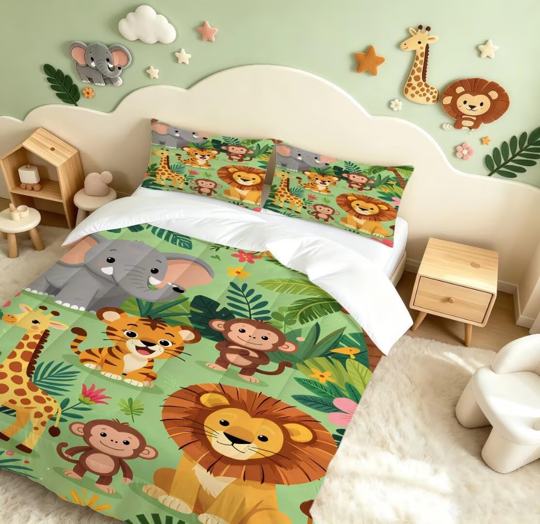 Cute Animal Comforter Set Twin Size Zoo Jungle Bedding Sets for Boys Girls Kids Teens Bedroom Cartoon Elephant Monkey Giraffe Lion Tiger Quilt 1 Comforter 1 Pillowcase