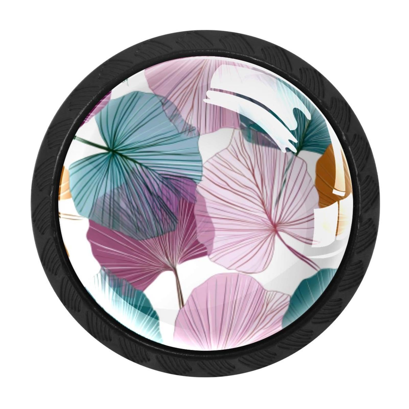 CHENZZZZ 4 Pieces Abstract Floral Palm Leaves (3) Drawer Knobs, 35mm Black Cabinet Knobs, Drawer Pulls and Knobs, Dresser Drawer Knobs, Cabinet Hardware Kitchen Cabinet Knobs