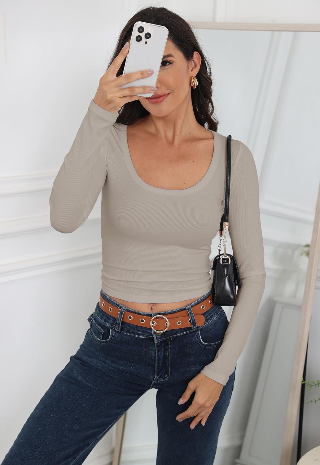 Roselux Womens Long Sleeve Scoop Neck Ribbed Knit Fitted Crop Top Casual Basic Shirts - Image 4