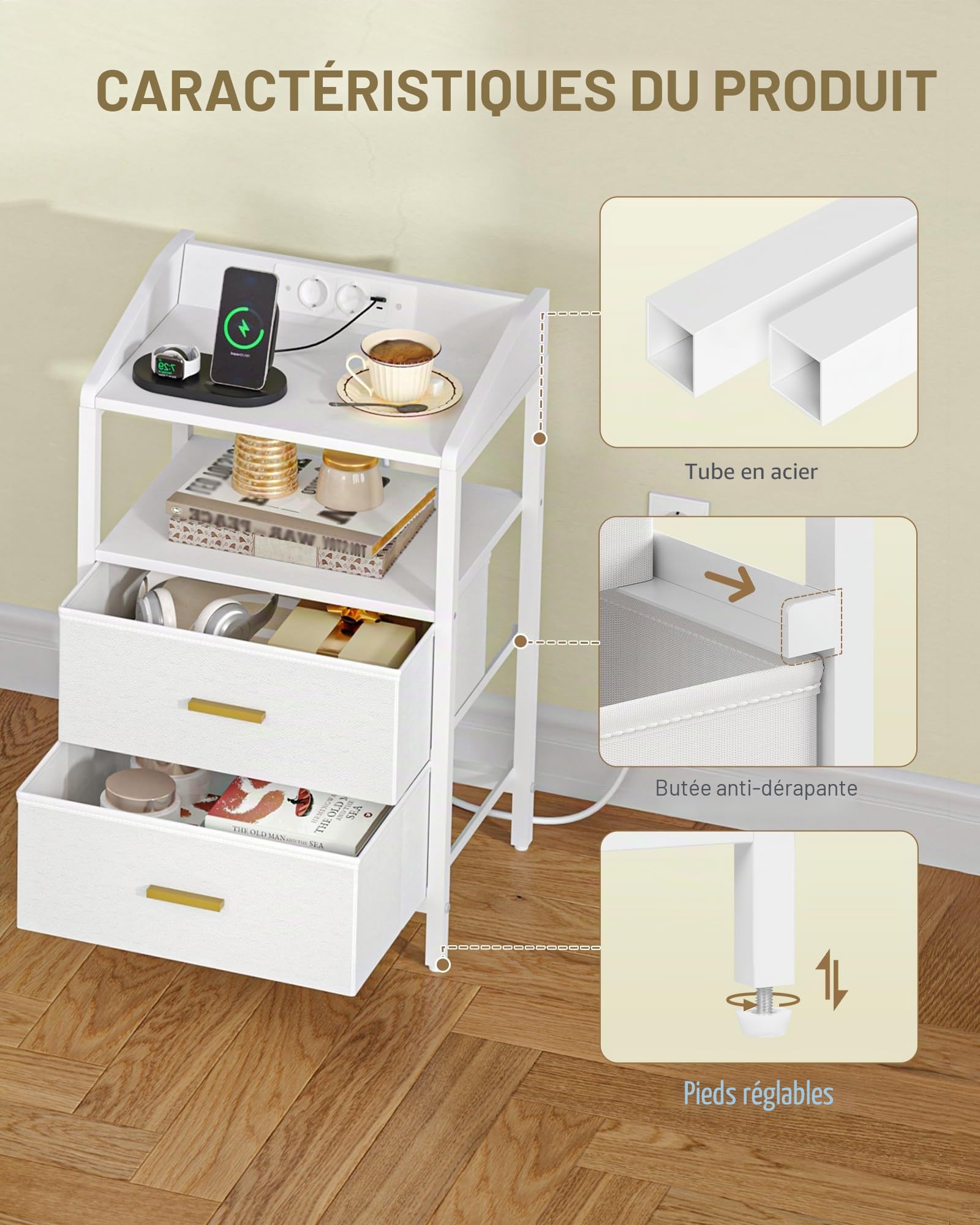 Hzuaneri Table de Chevet Lot de 2, avec Éclairage LED, Table de Nuit avec 2 Tiroirs de Rangement en Tissu, Tables d'appoint avec Ports USB et 2 Prises CA, pour Chambre, Blanc NS36213W