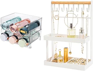 Complete Home Organization Set – 4-Tier Jewelry Organizer Stand with 12 Hooks & Stackable Water Bottle Holder for Kitchen Pantry Fridge Cabinet (2 Pack) – Gift for Women Teen Girls, White