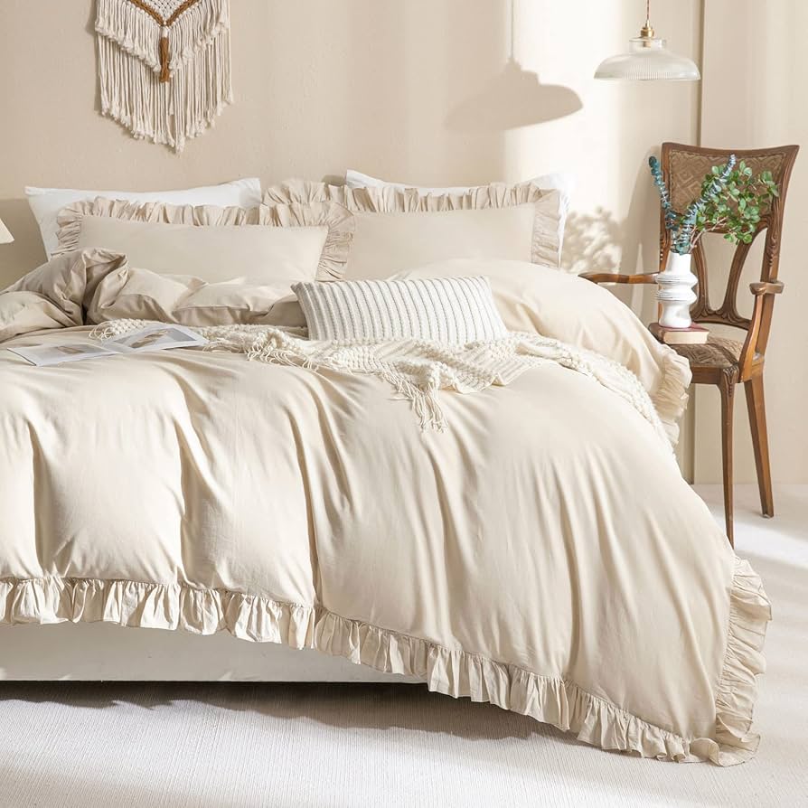 QSH Washed Cotton Duvet Cover King Ruffle Duvet Cover Linen Feel Textured Farmhouse Shabby Vintage Chic Bedding Comforter Cover 3 Pieces Aesthetic Elegant King Bedding