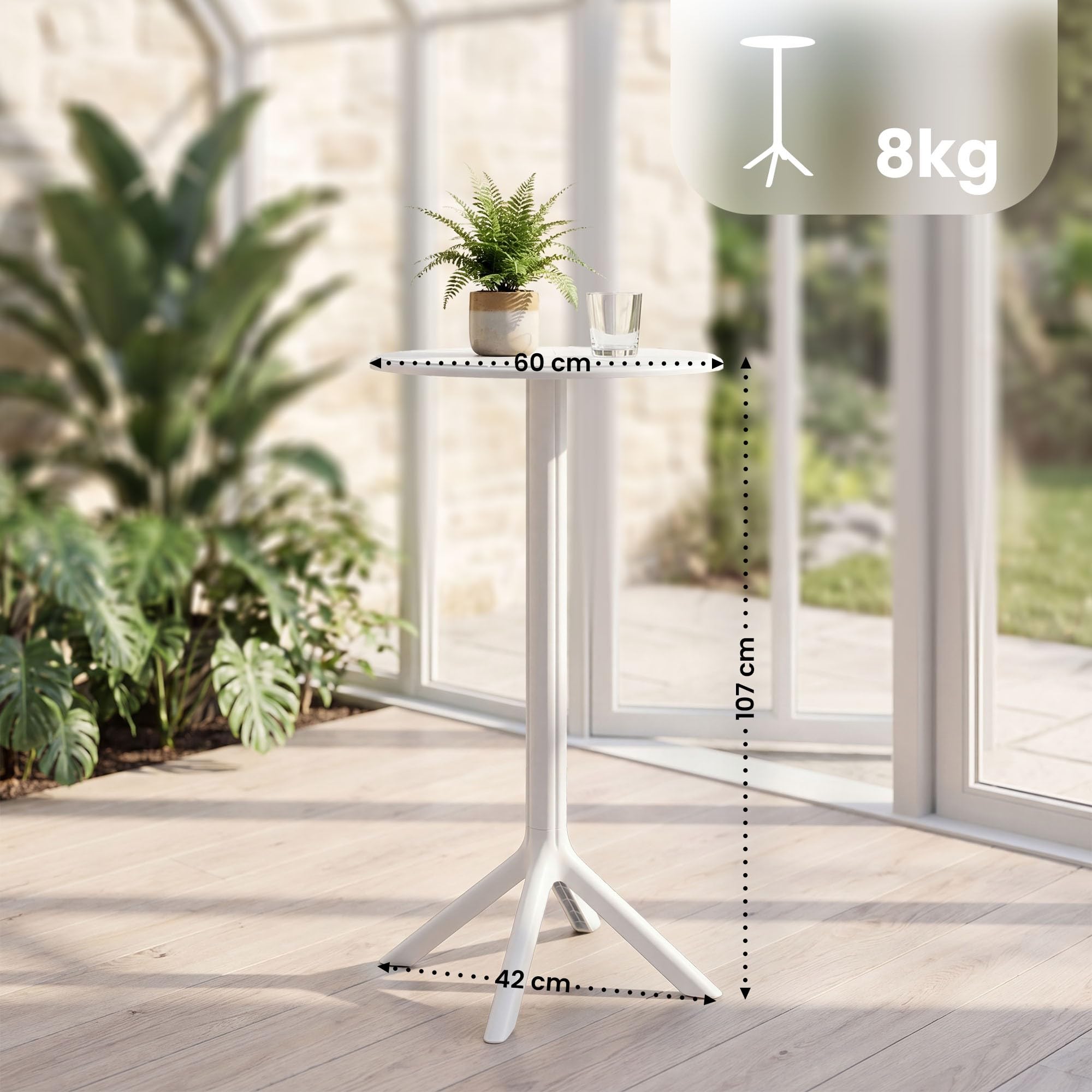 CLP Stehtisch wetterfest stabil Tomas, Gartentisch rund Ø 60 cm Höhe 107 cm, Outdoortisch Polypropylen UV-beständig Winterfest, Farbe:weiß