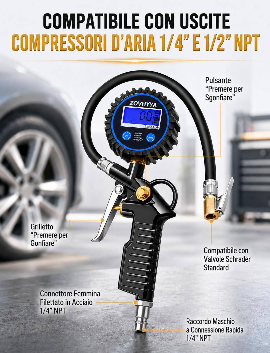 Manometro Pressione Gomme Professionale 220PSI Manometri per Pneumatici Pistola Gonfiaggio Pneumatici con 4 Tappi Valvola 2 Ugelli 1 Valvola Francese 1 Stelo di Prolunga in Metallo 90 Gradi