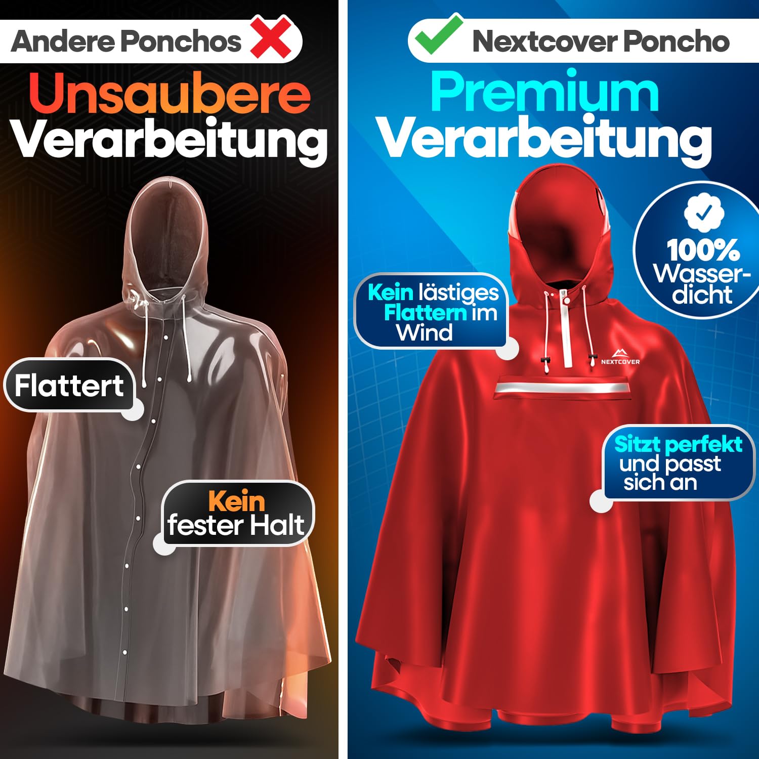 NEXTCOVER Poncho de pluie de vélo pour homme et femme – Avec technologie [AquaShield 2.0] I Poncho de pluie, cape de pluie de vélo, poncho de pluie, poncho de pluie pour homme, cape de pluie pour