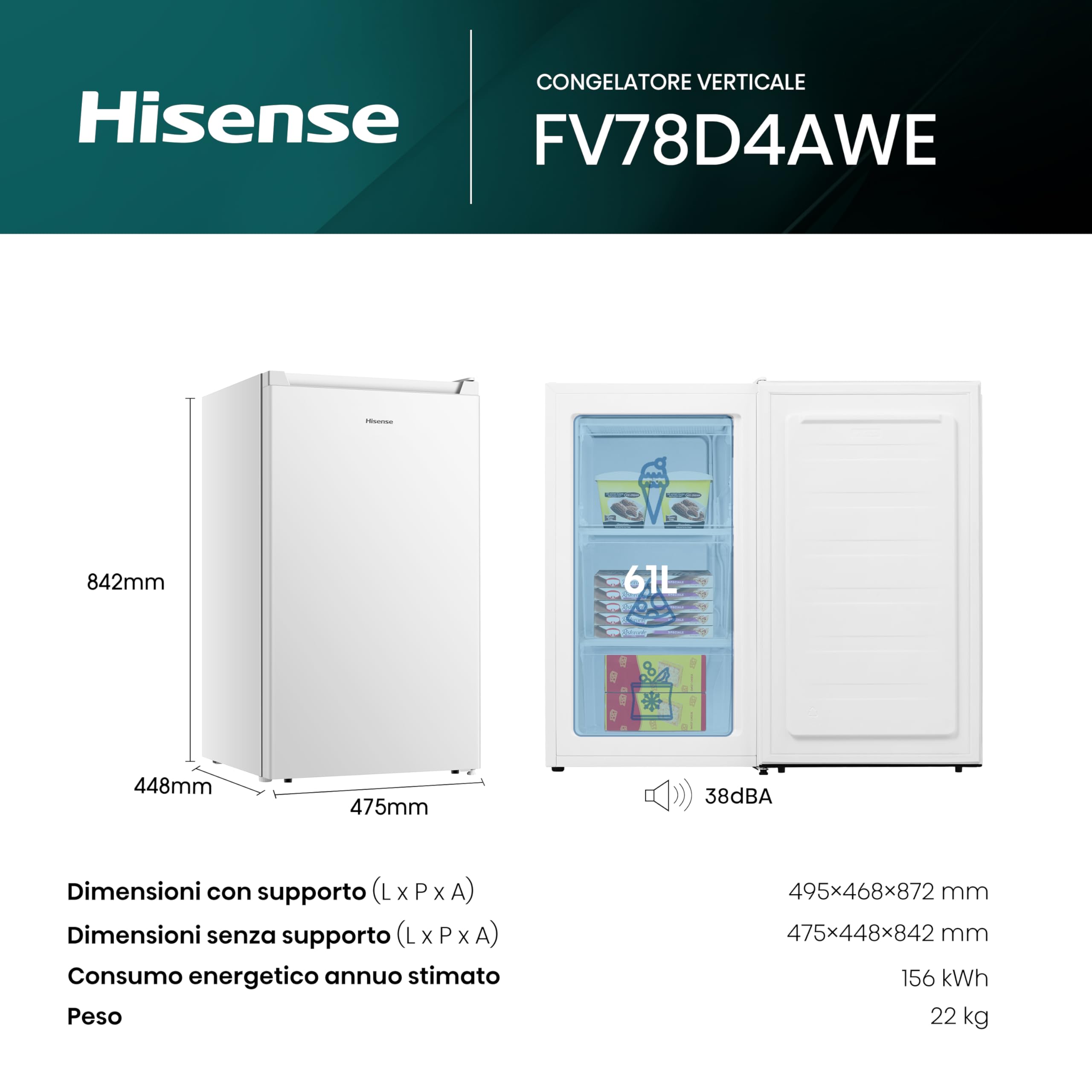 Hisense FV78D4AWE Congelatore Monoporta Verticale a libera installazione, 3 Cassetti, Capacità 61 Litri, Classe E, Bianco