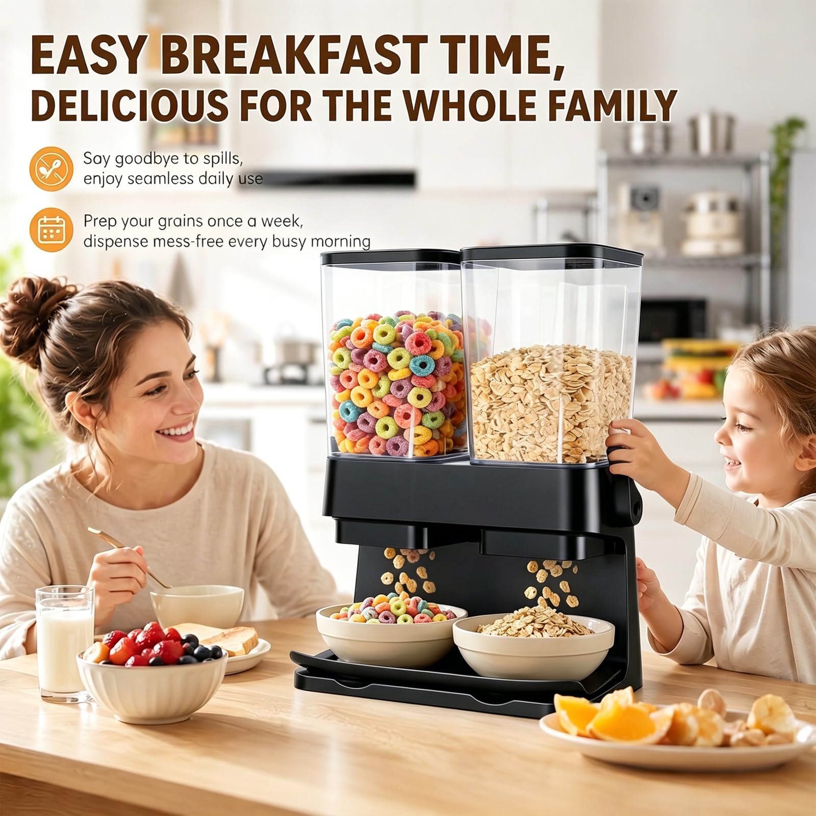 Dispenser per cereali, confezione da 2 pezzi, 3 l, ermetico, doppio dispenser per fiocchi di cereali, contenitore organizer per fiocchi di colazione, dispenser per riso, noci, chicchi di caffè, cibo
