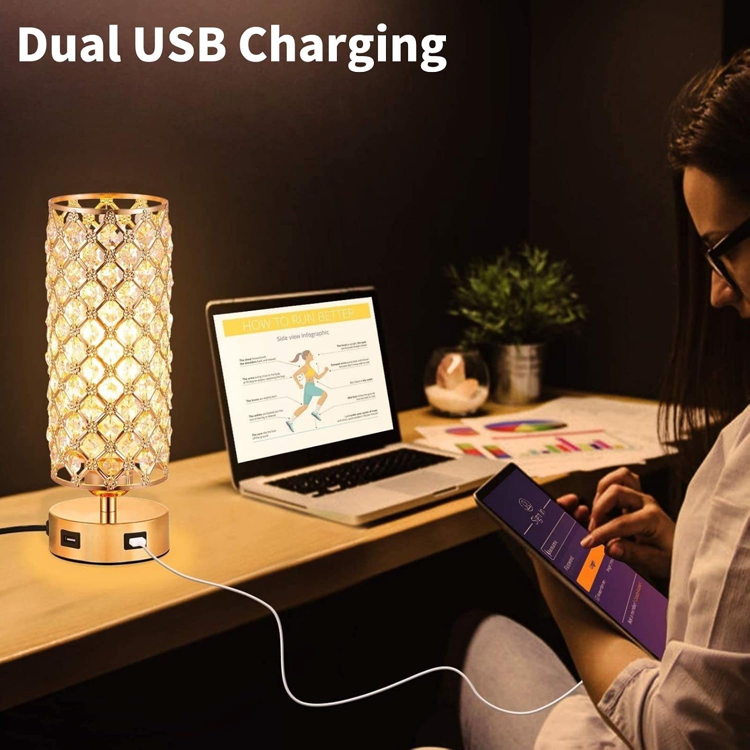 Crystal Table Lamps, Small Touch Desk Lamp Bedside Bedroom Lamp with 2 USB Charging Port Nightstand Night Light Room Decor for Kids Room, Home Office, Living Room,Bar, Restaurant (Gold)