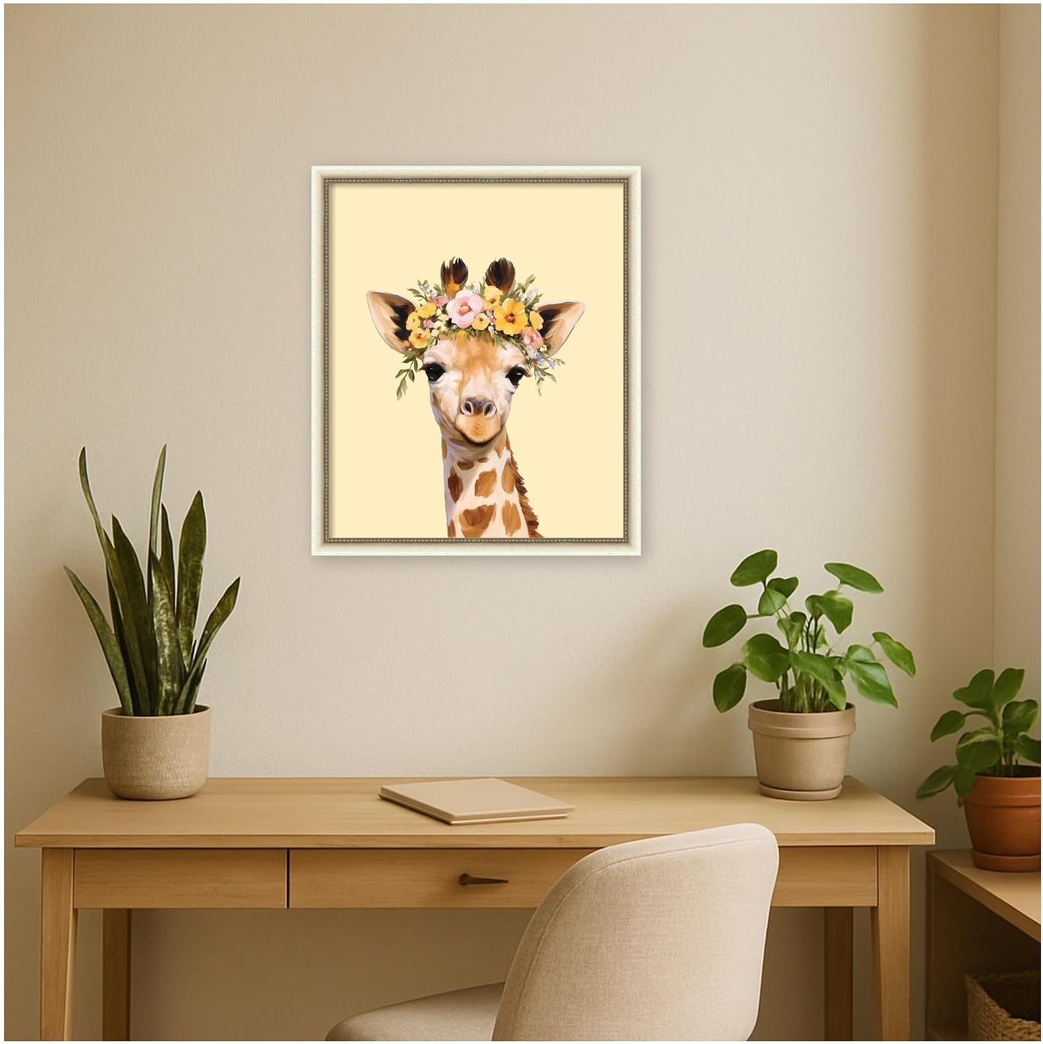 Kate and Laurel Framed Canvas Wall Art Print Giraffe by Honey Island Studio, 22 x 26, Belmont Distress White Frame, Whimsical, Animal Art for Wall Decor