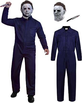 Arvilhill Men 3 Pcs Myers Costume Mask Knife Jumpsuit Halloween Adult Classic Horror Killer Outfits S-XXL