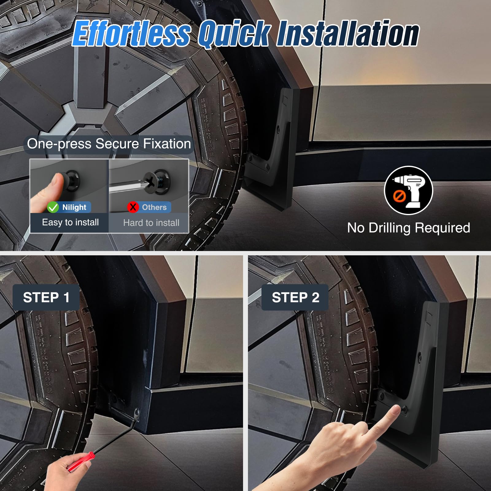 Nounaik Mud Flaps For Tesla Cybertruck 2023-2024 - 4PC No-Drill Splash Guards, PP Material