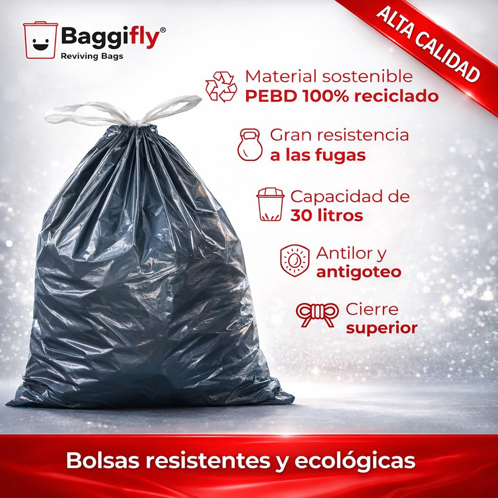 Baggifly, Bolsas de Basura 30L, 150 Bolsas Muy Resistentes, 100% Recicladas, Cierra Fácil, ECO Friendly, Uso Doméstico, Pack 5 x 30, Fabricado en España
